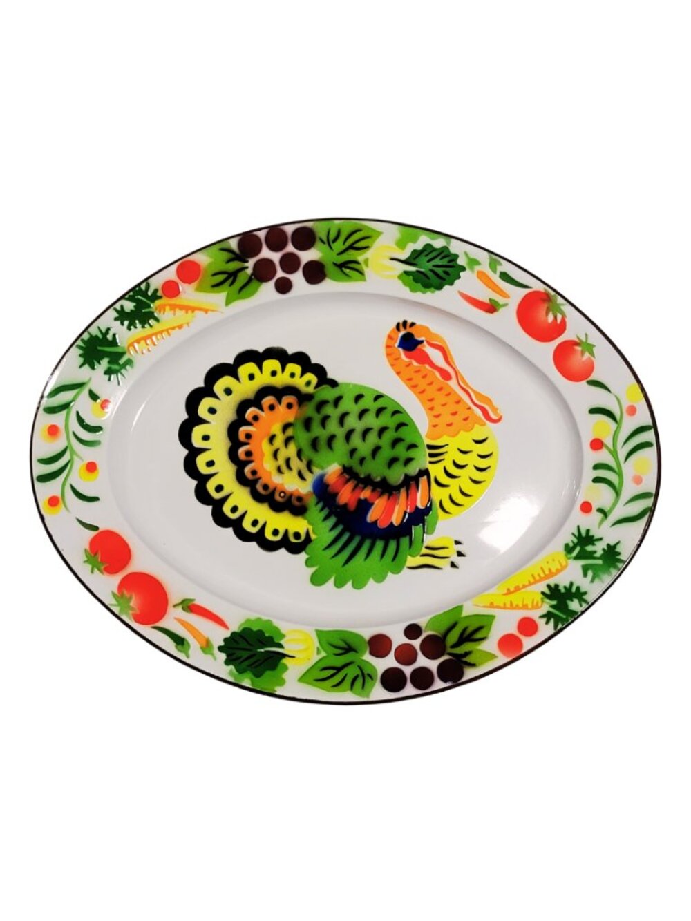 Vintage Festive & Colourful Large Enamel Turkey Platter (GUC)